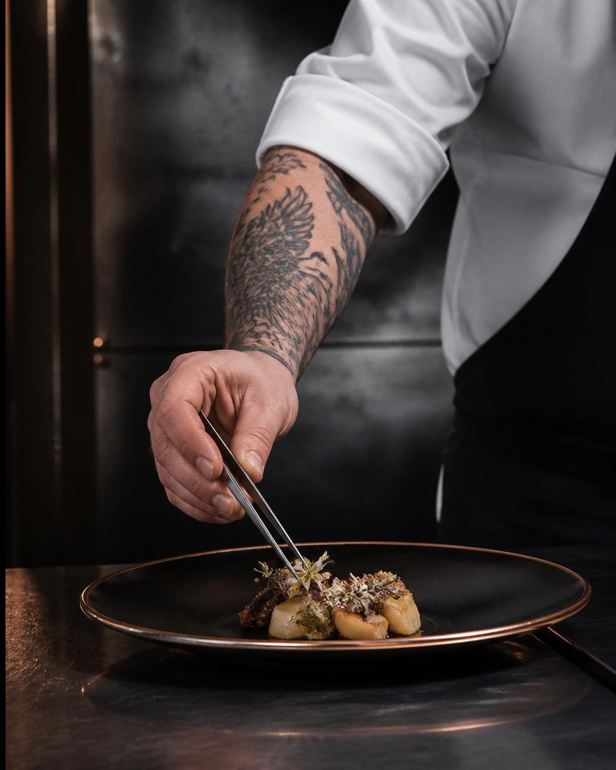 Tatuerad kockarm platerar en finrätt